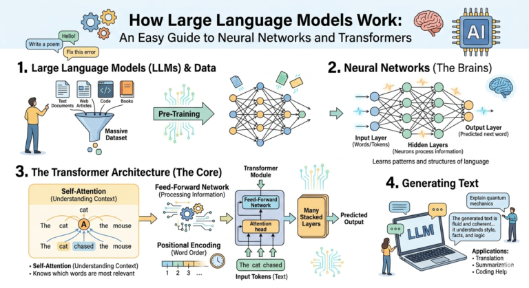 How Large Language Models Work: An Easy Guide to Neural Networks and Transformers